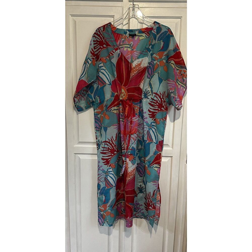 Talbots Kaftan Beach Swim CoverUp Dress Large Sheer Tropical Floral Ocean Maxi